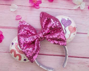 Iridescent white Birthday ears with Pink Polka dot design Mouse Ear Headband with big sparkly pink sequin bow Girls gift 30th Birthday