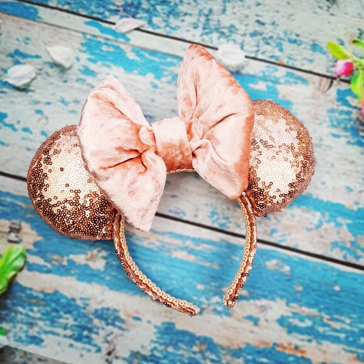 Rose Gold Sequin Mouse Ear Headband With Peach Pink Crushed  display picture 2