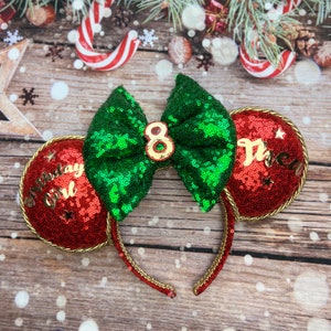 Birthday Christmas ears Red Sequin Mouse Ear Headband with Green sequin bow  personalised 30th 21st 16th 40th 50th 60th 70th or name