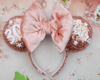Birthday ears Rose Gold Sequin Mouse Ear Headband with Peach Pink crushed velvet bow personalised 30th 21st 16th 40th 50th 60th 70th