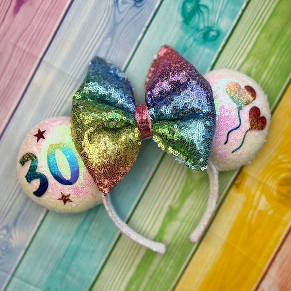 Iridescent white Birthday ears with rainbow design Rainbow sequin bow Mouse Ear Headband rainbow bow Girls gift Birthday pride multicoloured