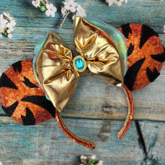 Tiger Mouse Ears Orange Sequin Headband With Big Gold Bow  display picture 3