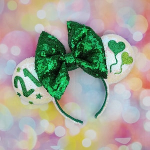 Iridescent white Birthday ears Mouse Ear Headband with sparkly Green sequin bow Girls gift 21st Birthday 20th  30th 40th 50th 60th 70th