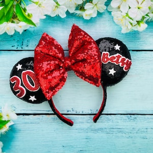Birthday ears Black Sequin Mouse Ear Headband with Red sequin bow  personalised 30th 21st 16th 40th 50th 60th 70th or name or balloons