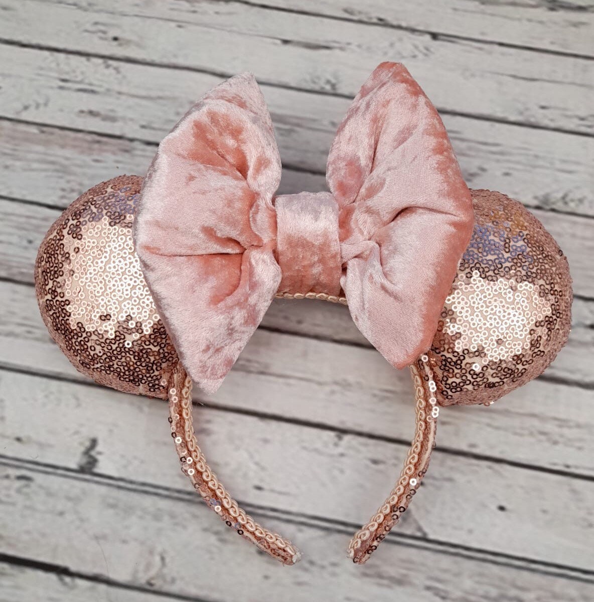 Rose Gold Sequin Mouse Ear Headband With Peach Pink Crushed 