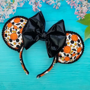 Halloween snacks pumpkin  mouse ear headband with black shiny bow Halloween ears