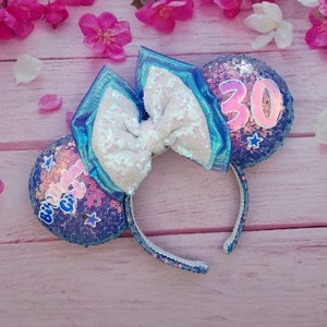 Iridescent Pink Blue Lilac Birthday ears with Triple bow Personalised Mouse Ear Headband 30th Birthday 21st 30th 40th
