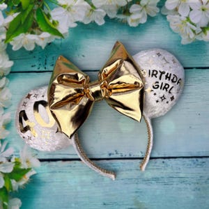 Metallic Gold and cream velvet Birthday ears with ‘Birthday Girl’ writing  Personalised Mouse Ear Headband 30th Birthday 21st 30th 40th