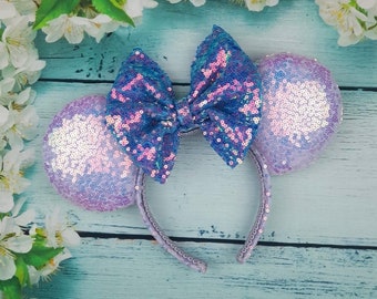 Lavender Sequin Mouse Ear Headband with Velvet Bow Haunted Victorian Mansion Mouse Ears: Purple Sequin Velvet  main image 4