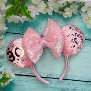 Baby pink velvet Birthday ears with iridescent pink sequin bow ‘Birthday Girl’ writing any age phrase name 30th Birthday 21st 30th 40th 50th