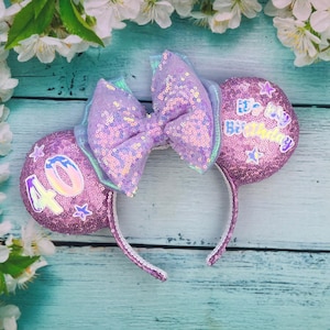 Iridescent Lilac Birthday ears with Triple bow Personalised Mouse Ear Headband 40th Birthday 21st 30th 40th 50th 18th Birthday gift