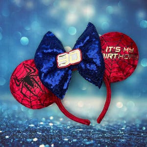 Spider web Birthday ears Mouse Ear Headband with blue sequin bow Personalised with any phrase, name or age 16th 18th 21st 30th 40th 50th 60