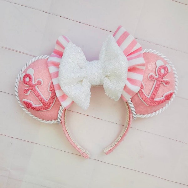 Magic at Sea Cruise Nautical Baby Pink and White Sequin Mouse Ear Headband with stunning white sequin double bow glitter anchor Hairband