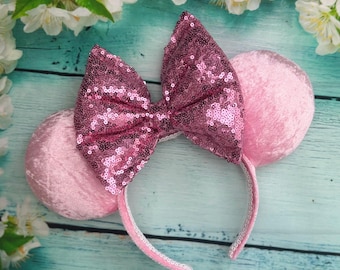 Baby Pink Crushed Velvet Mouse ears with beautiful candy pink sequin Bow Mouse ear headband