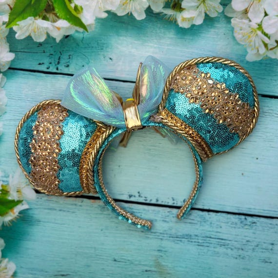 New Year Light-Up Sequin Ear Headband - Teal & Iridescent Sea Foam Iridescent Sequin Mouse Ears | Headband Mouse Ears  main image 4