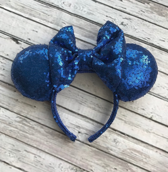 Sequin Black and Blue Mouse Ear Headbands Dark Blue Floral and Sequin Minnie Mouse Ears | Blue Disney  main image 4