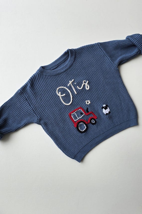 Personalised jumper. Personalised boy knit. Oversized name jumper. Tractor jumper