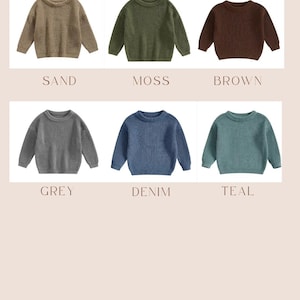May include: A collection of six long-sleeved knit jumpers displayed in a grid. The colours are labelled as sand, moss, brown, grey, denim, and teal. The text JUMPERS appears at the top, and the text BY JEMMA appears below a rainbow graphic.