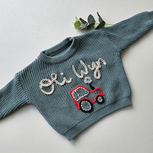 Personalised jumper. Personalised boy knit. Oversized name jumper. Tractor jumper image 4