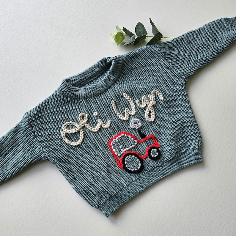 Personalised jumper. Personalised boy knit. Oversized name jumper. Tractor jumper image 4