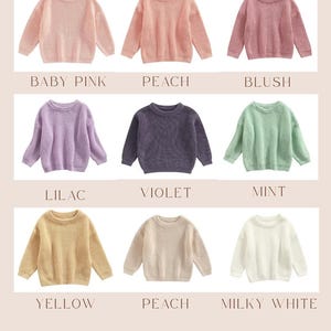 May include: A collection of nine long-sleeved knit jumpers displayed in a grid, labelled with colours: baby pink, peach, blush, lilac, violet, mint, yellow, peach, and milky white. The text JUMPERS appears at the top and BY JEMMA at the bottom.