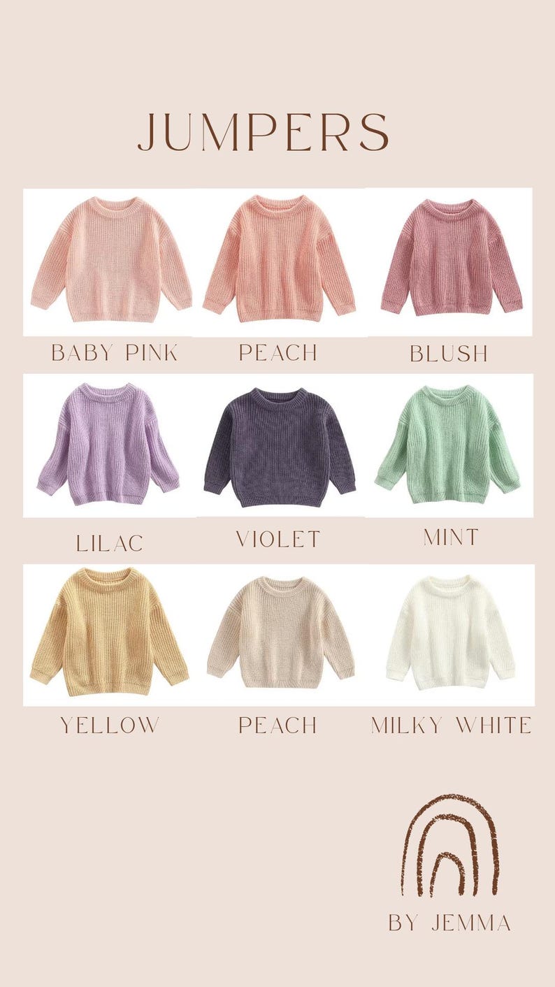 May include: A collection of nine long-sleeved knit jumpers displayed in a grid, labelled with colours: baby pink, peach, blush, lilac, violet, mint, yellow, peach, and milky white. The text JUMPERS appears at the top and BY JEMMA at the bottom.