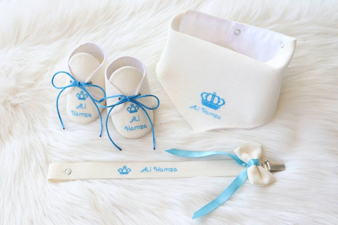 PERSONALIZED Baptism Set Blue King Crown Booties Dummy Clip - Etsy
