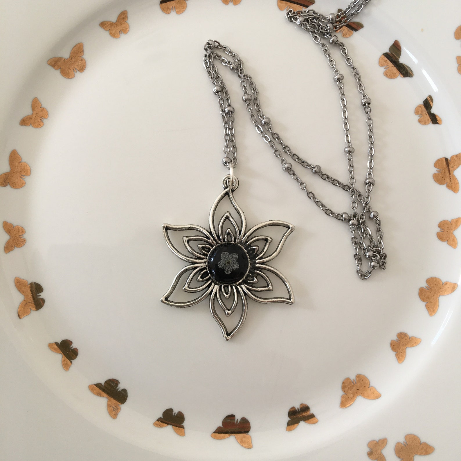 Silber echte Blume Halskette Silber Halskette Satelliten ...