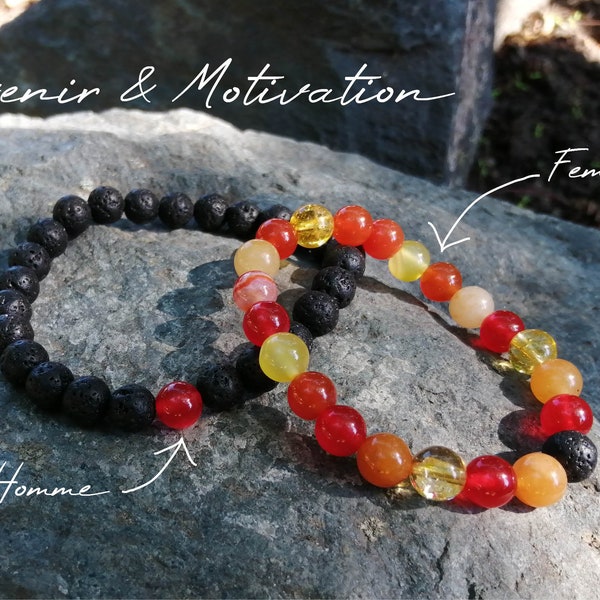 Bracelets de couple en Agate orange, Agate jaune, Calcédoine rouge, Citrine et Pierre de Lave - Avenir & Motivation