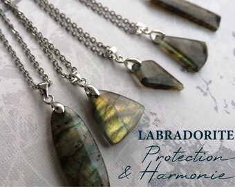 Pendentif LABRADORITE, pierre naturelle semi précieuse, collier protection et harmonie vertus lithothérapie