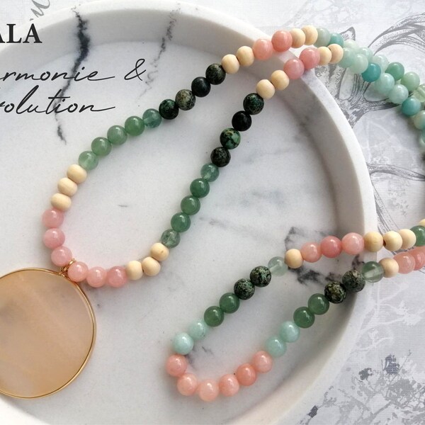 Mala 'Harmony & Evolution' in Sunstone, Aventurine, Fluorite, African Turquoise, Angelite, Amazonite, semi-precious stones