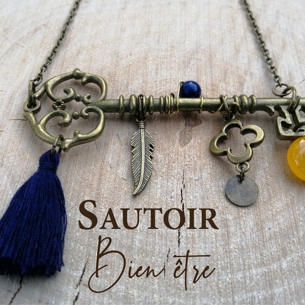 Sautoir BIEN-ETRE en lapis lazuli et agate jaune, pierres naturelles semi-précieuses, original,  féérique et féminin