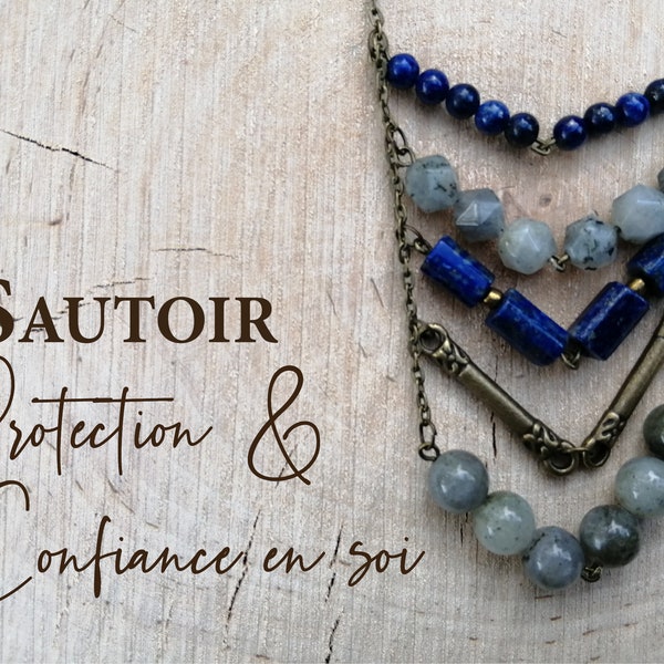 long necklace 'PROTECTION and SELF-CONFIDENCE' in Lapis lazuli and Labradorite, semi-precious natural stones