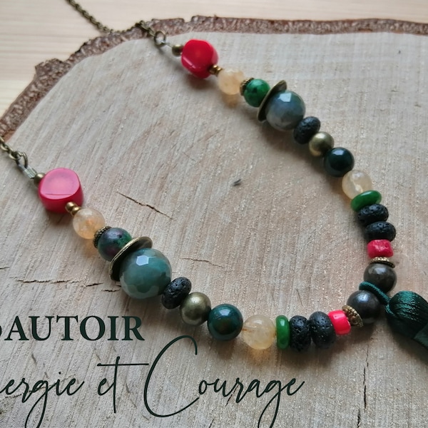 Sautoir ' ENERGIE et COURAGE ' en Citrine, Lave, Corail, Agate indienne, Bronzite, Jade et Rubis Zoïsite, pierres naturelles semi précieuses