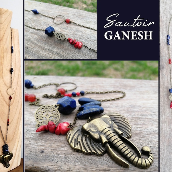 Sautoir Eléphant 'GANESH' en Lapis Lazuli, Calcédoine rouge et Corail, pierres naturelles semi précieuses