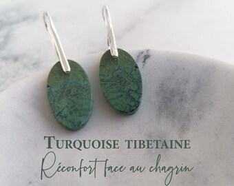 Boucles d'oreilles en TURQUOISE TIBÉTAINE, modèle unique, pierre naturelle semi précieuse, cadeau original pour femmes, vertu des pierres