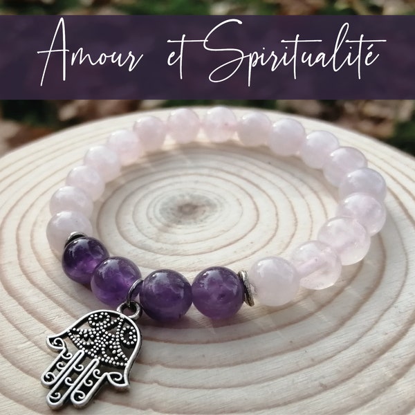 Bracelet 'Amour et Spiritualité' Améthyste et Quartz rose cadeau femme en pierres naturelle semi-précieuses porte bonheur yoga lithothérapie