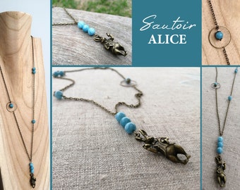 long necklace 'ALICE' and its land of Wonders in blue Chalcedony semi-precious natural stone