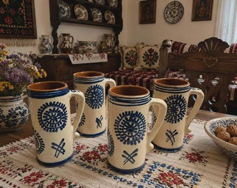 Set of 4 Vintage Romanian Hand-Painted Pottery Beer Stein Mugs Blue Folk Art 6