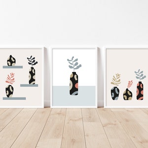 Conjunto de 3 grabados - 3 carteles de jarrón y hoja - Arte de pared
