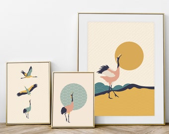 Set of 3 Prints - Cranes - Japanese Inspired - Wall Decor - Wall Art - Poster - Minimal - Illustration
