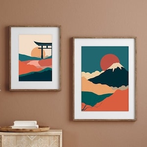 Set of 2 - Japanese Wall Art - Japan - Scenery- Hills - Mount Fuji - Wall Art - Poster