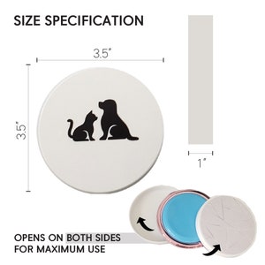 Puede incluir: Un recipiente redondo blanco con una silueta negra de un gato y un perro. El recipiente tiene un di&aacute;metro de 3,5 pulgadas y una altura de 1 pulgada. El recipiente se abre por ambos lados para un uso m&aacute;ximo.