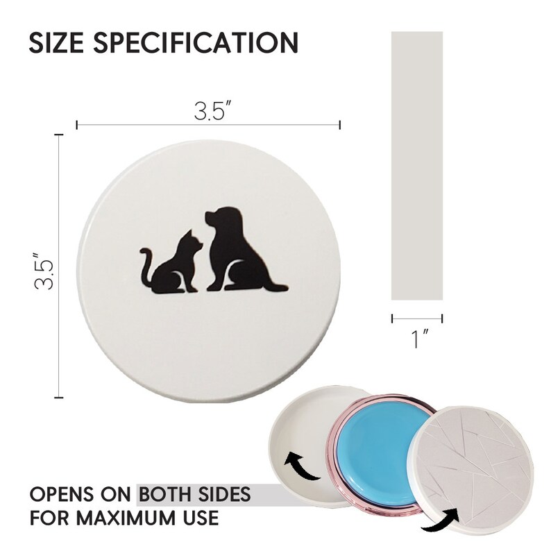 Puede incluir: Un recipiente redondo blanco con una silueta negra de un gato y un perro. El recipiente tiene un di&aacute;metro de 3,5 pulgadas y una altura de 1 pulgada. El recipiente se abre por ambos lados para un uso m&aacute;ximo.