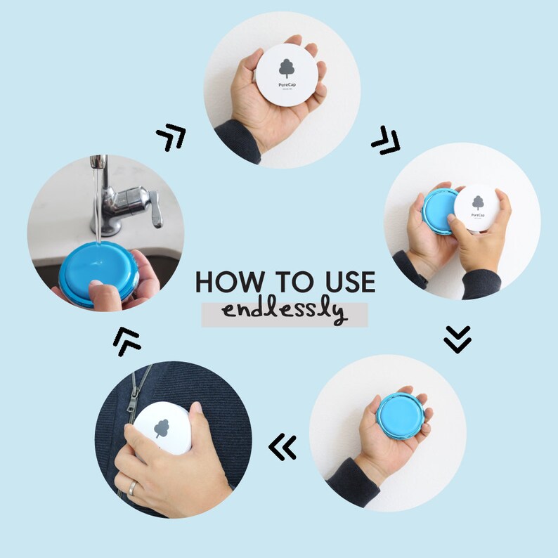 Puede incluir: C&oacute;mo usar una tapa de botella de silicona reutilizable PureCap. Las instrucciones muestran c&oacute;mo lavar, secar y sujetar la tapa a una botella. La tapa es azul y blanca con un logotipo de &aacute;rbol.