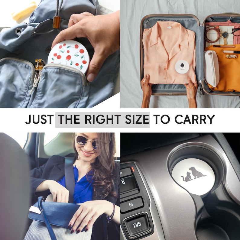 Puede incluir: Un recipiente de cer&aacute;mica blanco con un dise&ntilde;o de estampado de cerezas. El recipiente es lo suficientemente peque&ntilde;o como para caber en una mochila, un bolso o un portavasos de coche. El texto "JUST THE RIGHT SIZE TO CARRY" se muestra en la imagen.