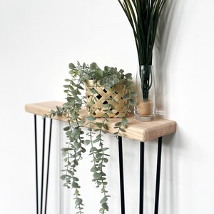 Narrow console table with hairpin legs, wooden rustic hallway table. Scandinavian style