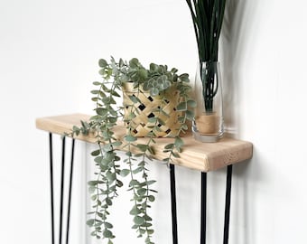 Narrow console table with hairpin legs, wooden rustic hallway table. Scandinavian style