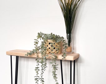 Narrow console table with hairpin legs, wooden rustic hallway table. Scandinavian style