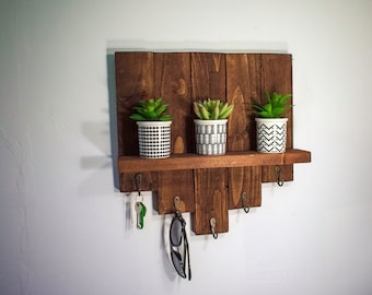 Étagère d'entrée en bois rustique avec 5 crochets, porte-clés et porte-manteau